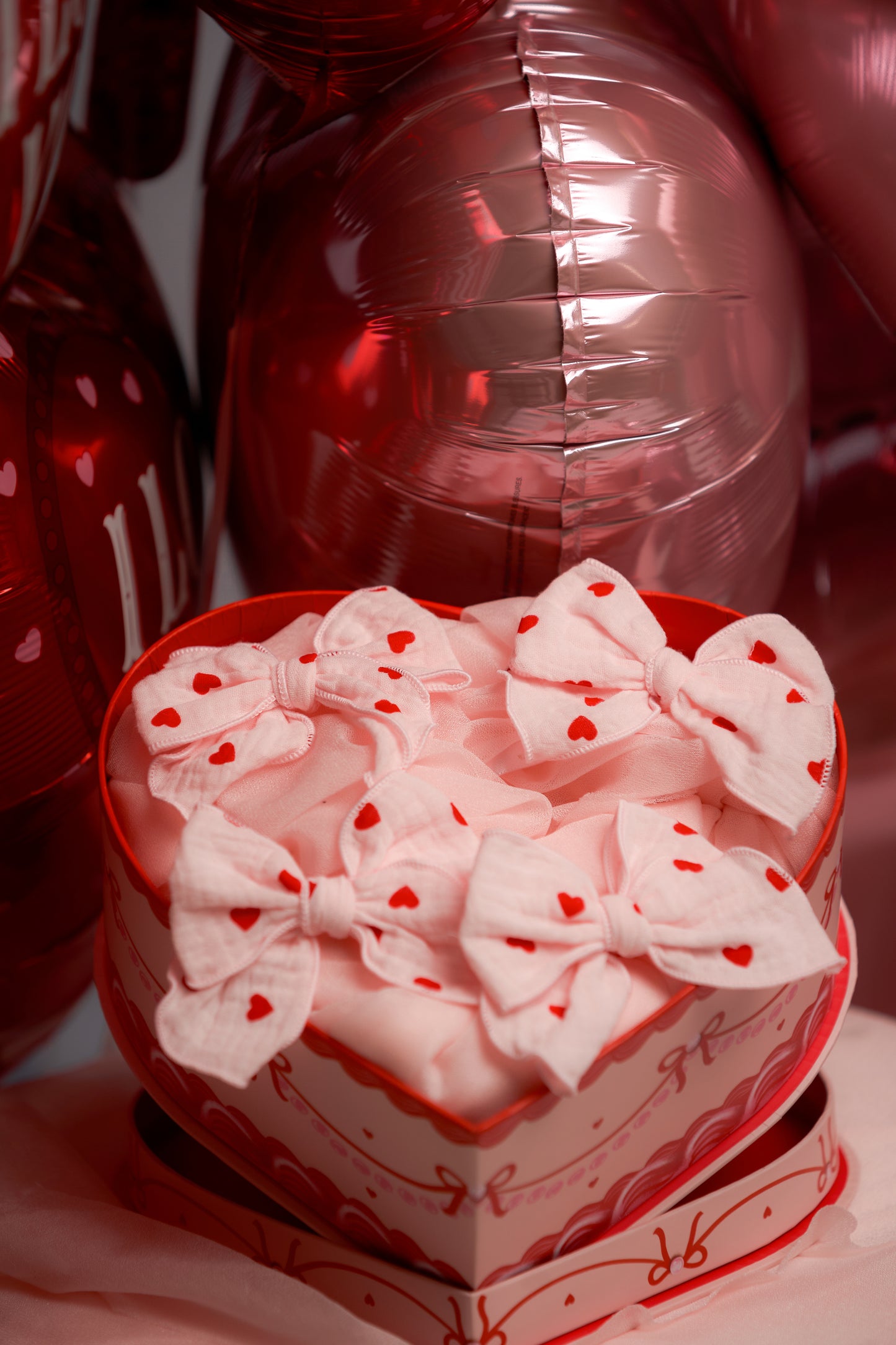 Set of White or Pink Muslim Fabric Pigtail Hair Bows with Red Hearts