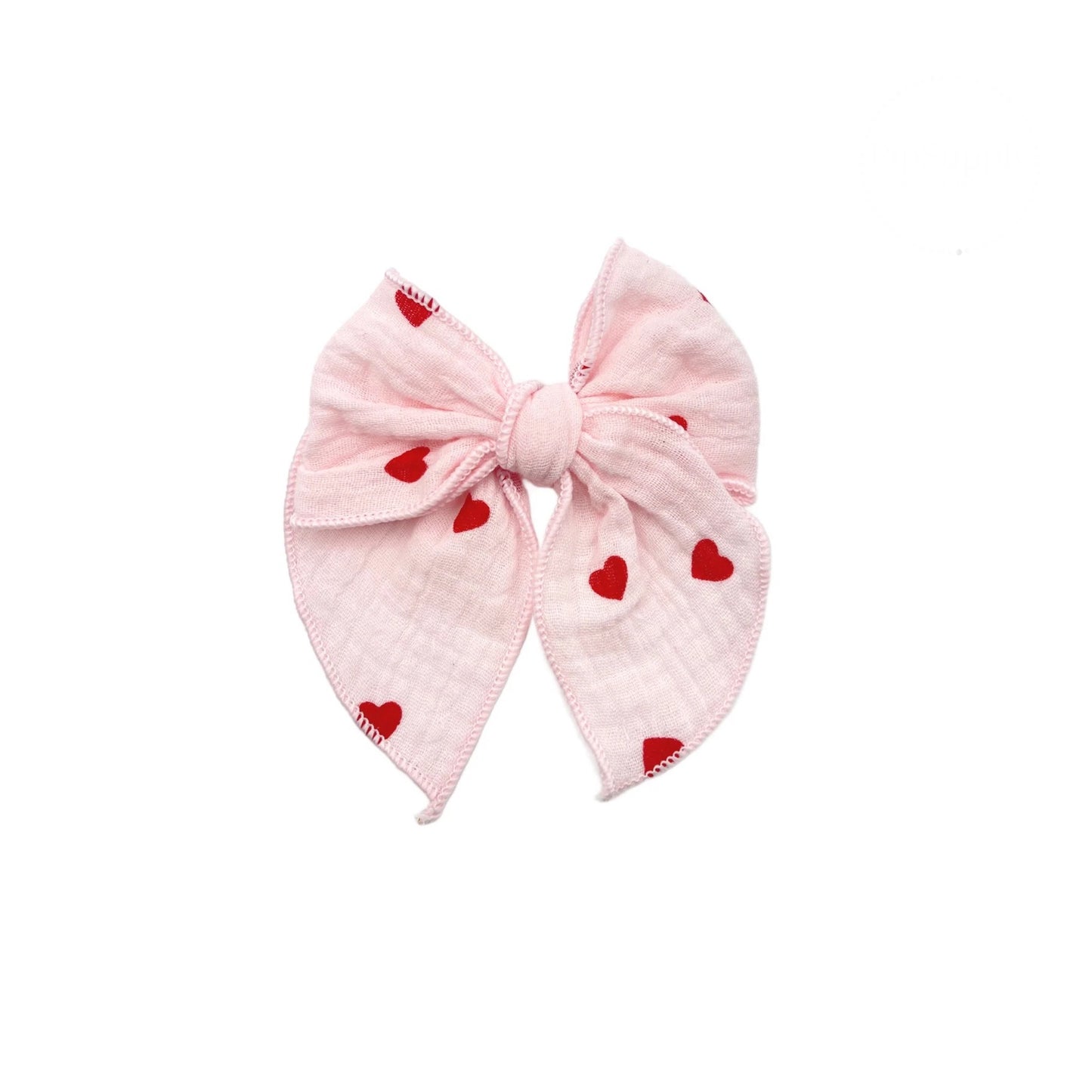 Set of White or Pink Muslim Fabric Pigtail Hair Bows with Red Hearts