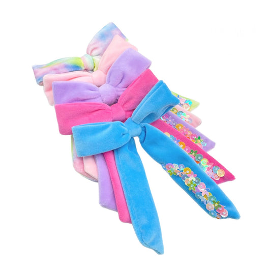 Mermaid Velvet Multi Sequin Long Tail Hair Bow
