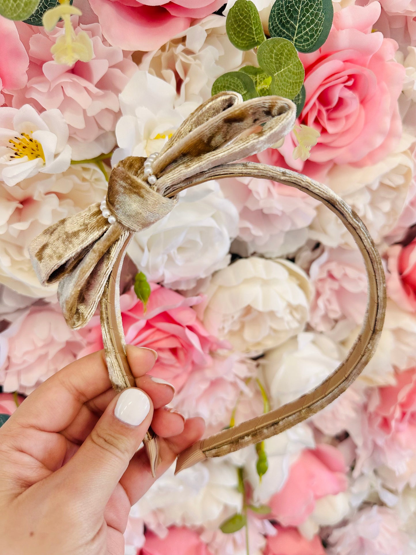 Celebration Pearl Looped Bow Velvet Headband