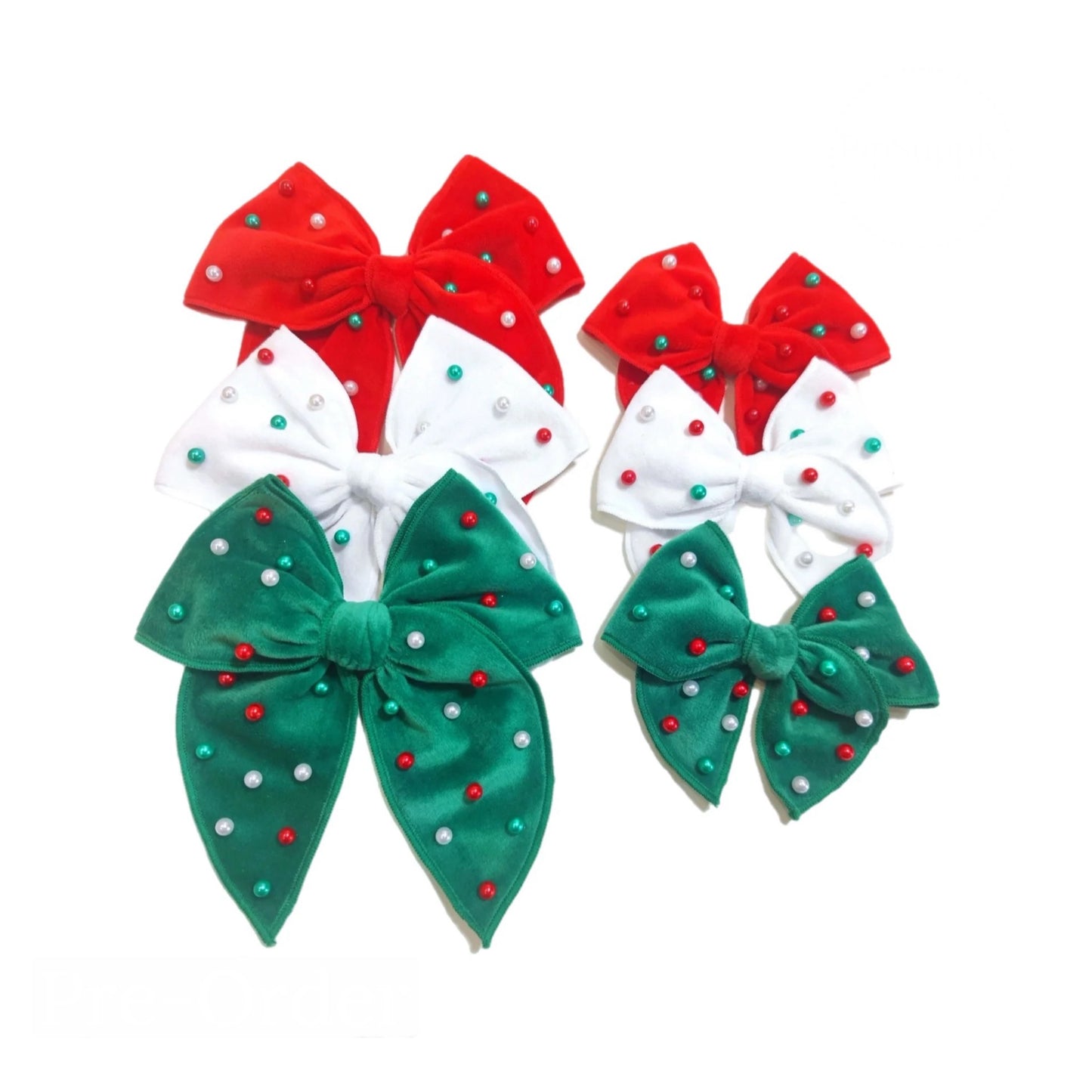 Christmas Velvet Multi Pearl Beaded Hair Bow