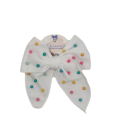 White Velvet Rainbow Beaded Pearls Hair Bow