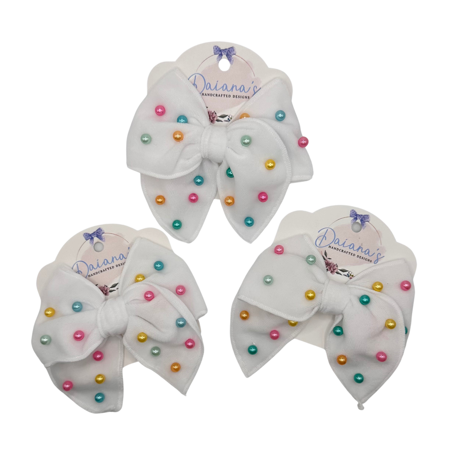 White Velvet Rainbow Beaded Pearls Hair Bow