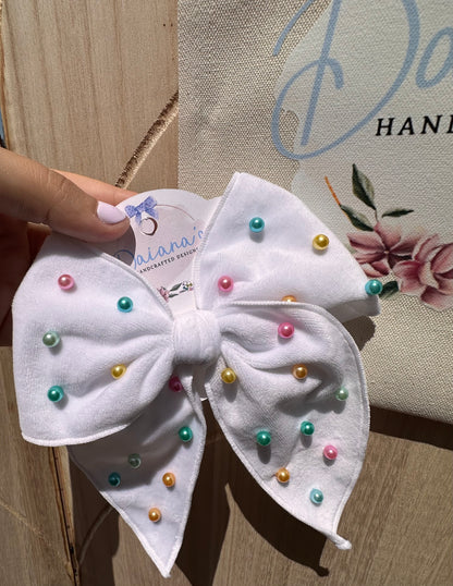 White Velvet Rainbow Beaded Pearls Hair Bow