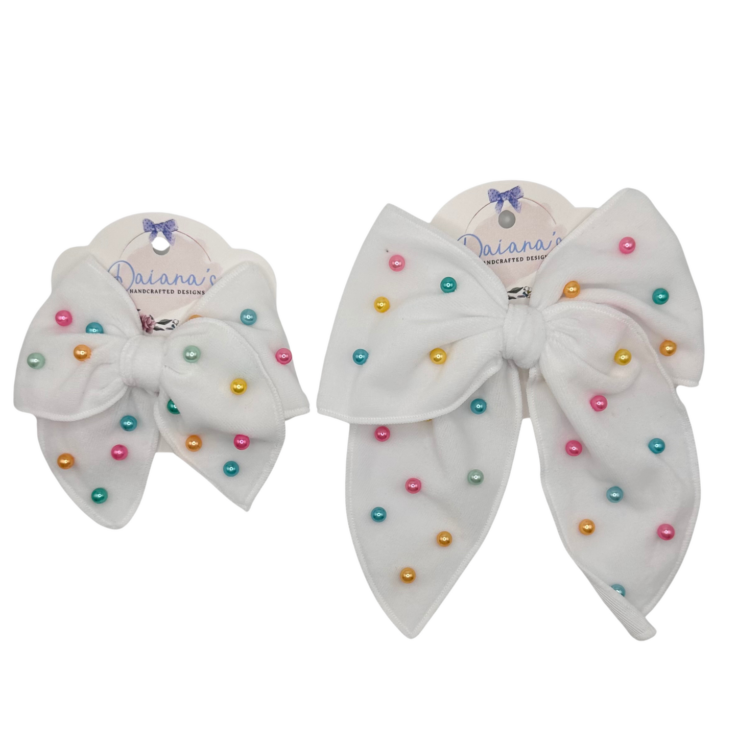 White Velvet Rainbow Beaded Pearls Hair Bow