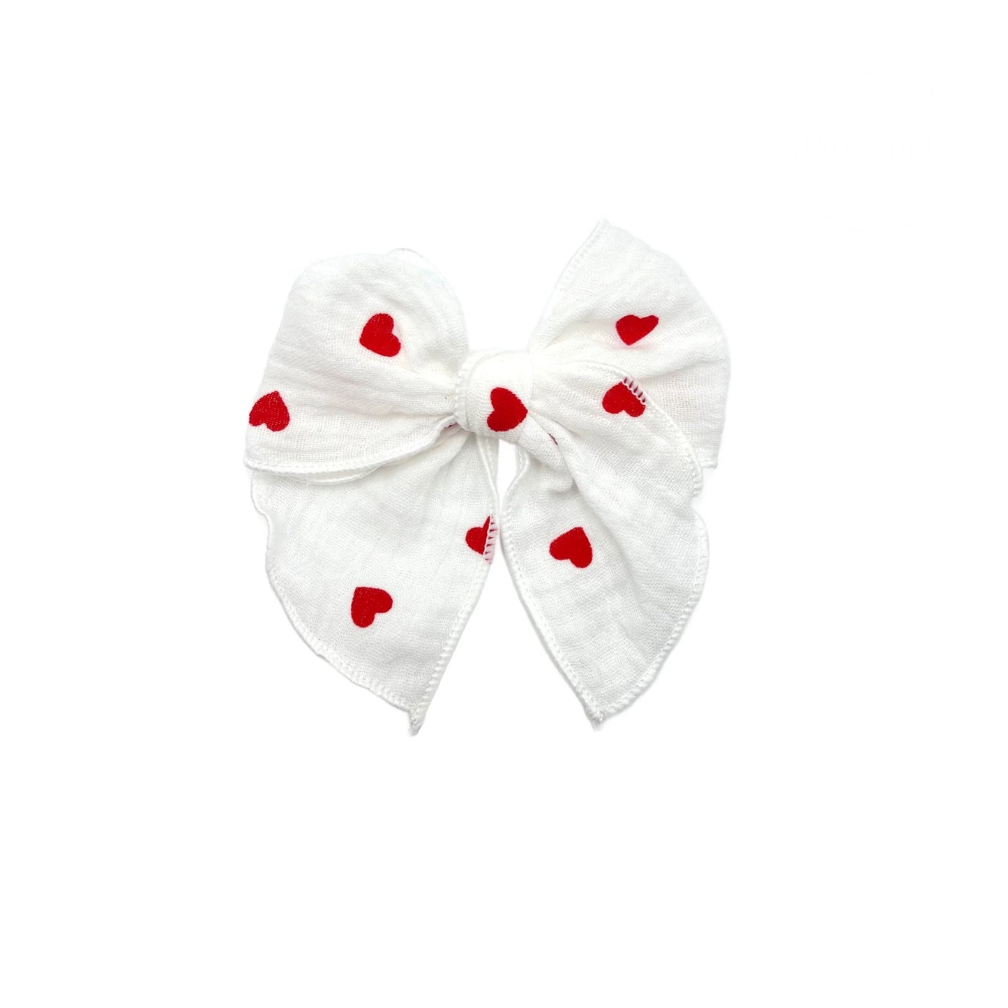 Set of White or Pink Muslim Fabric Pigtail Hair Bows with Red Hearts