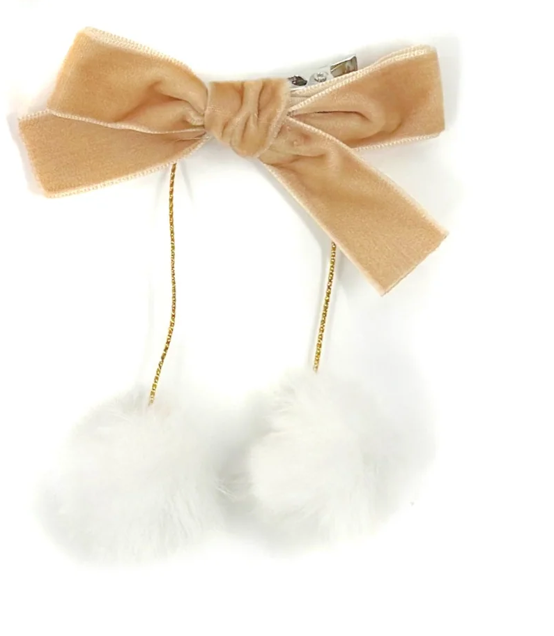 Velvet Ribbon Faux Fur Pom Pom Hair Bow