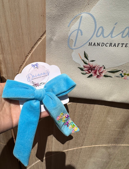 Mermaid Velvet Multi Sequin Long Tail Hair Bow