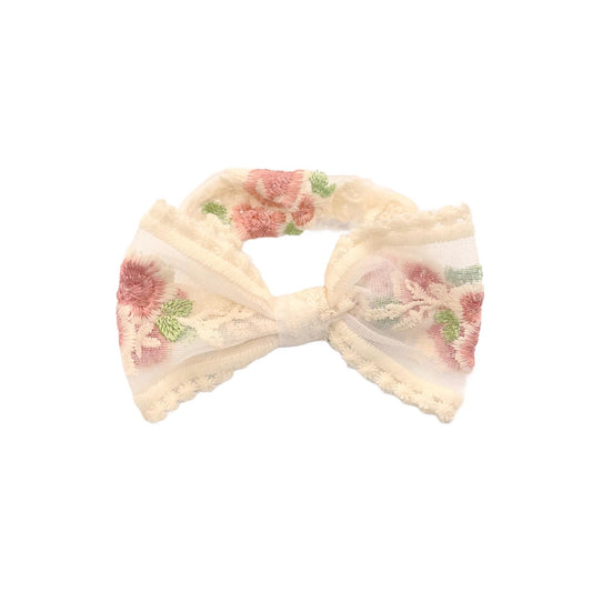 Ivory with Pink Embroidered Rose Bow Scrunchie