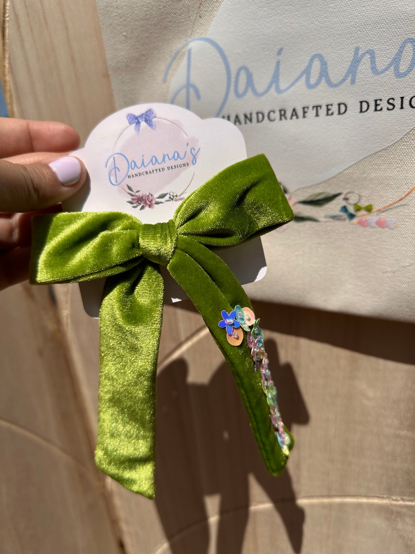 Mermaid Velvet Multi Sequin Long Tail Hair Bow