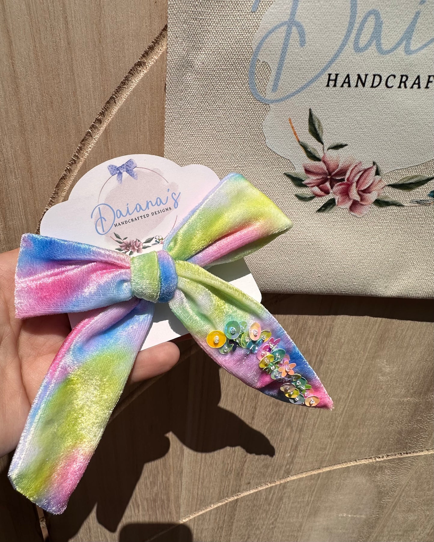 Mermaid Velvet Multi Sequin Long Tail Hair Bow