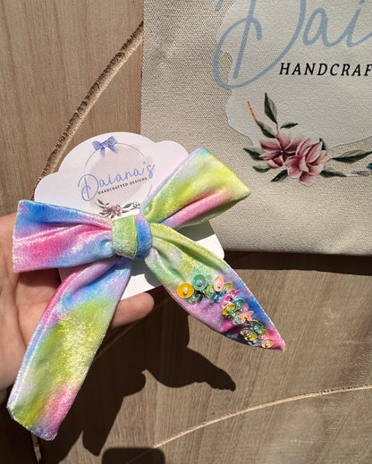 Mermaid Velvet Multi Sequin Long Tail Hair Bow