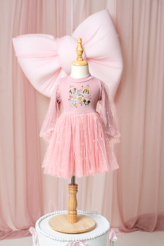 Mouse & Friends Ornaments Pink Long Sleeve Dress