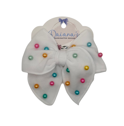 White Velvet Rainbow Beaded Pearls Hair Bow