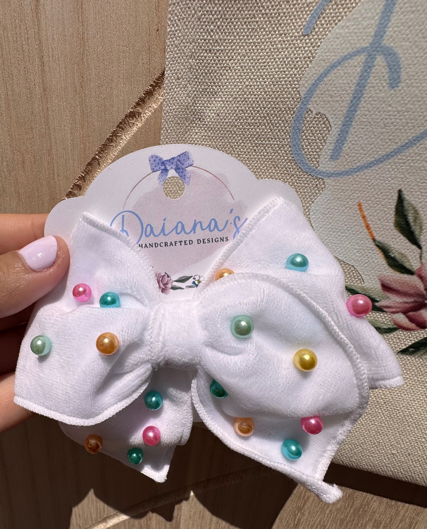 White Velvet Rainbow Beaded Pearls Hair Bow