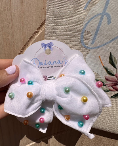 White Velvet Rainbow Beaded Pearls Hair Bow