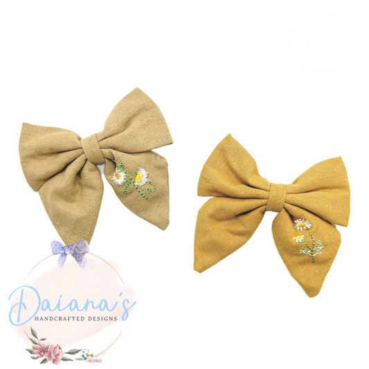 Autumn Linen Embroidered Hair Bow
