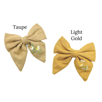 Autumn Linen Embroidered Hair Bow