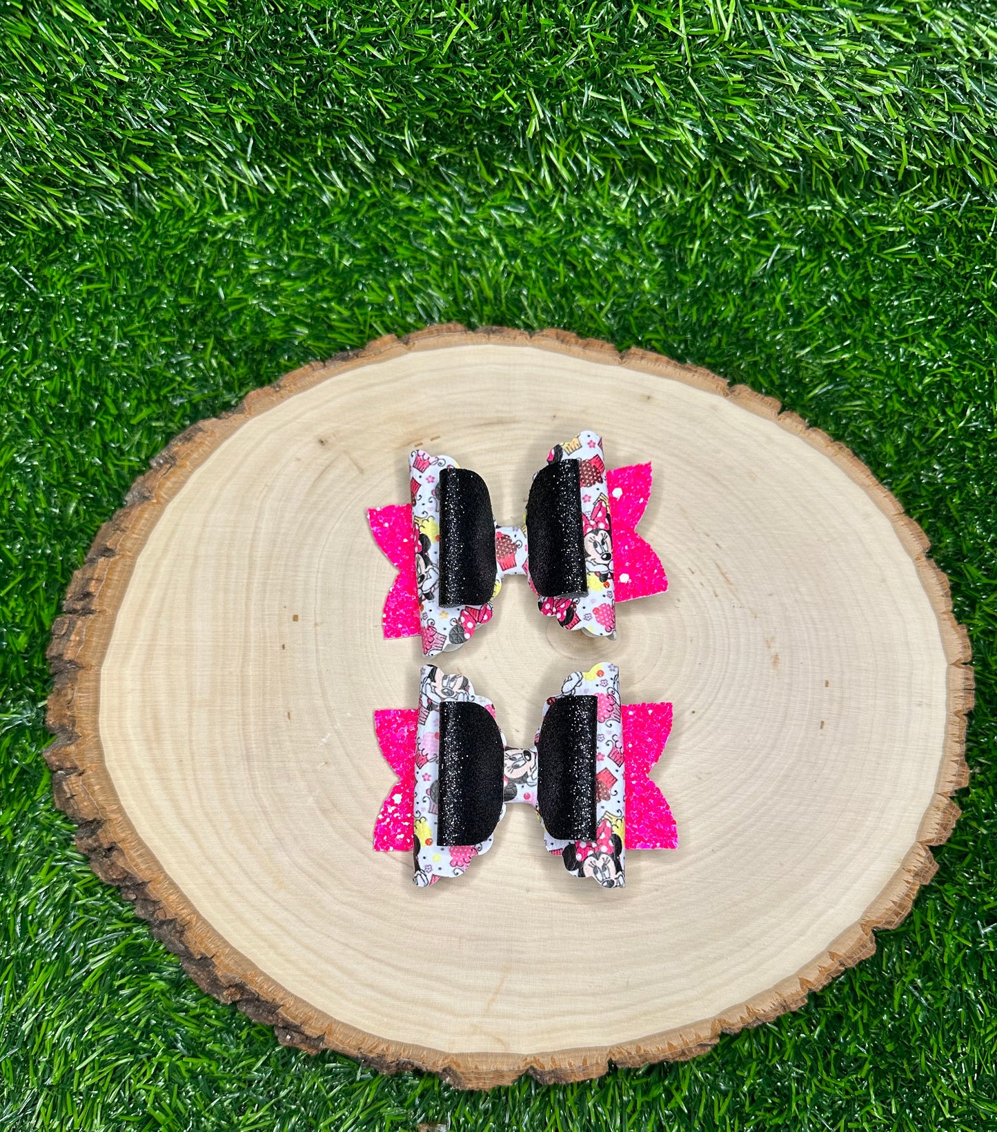 Mouse and Cupcakes Pigtail Faux Leather Bows